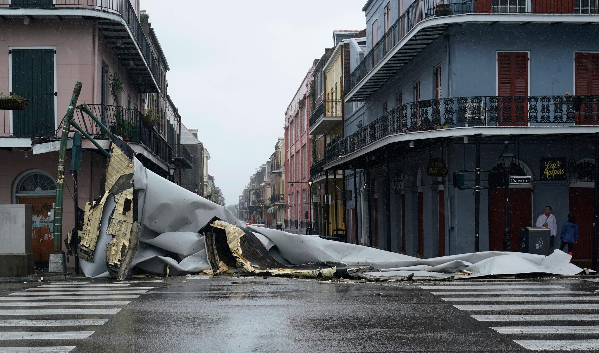 A section of roof that was blown off of a building by Hurricane Ida
