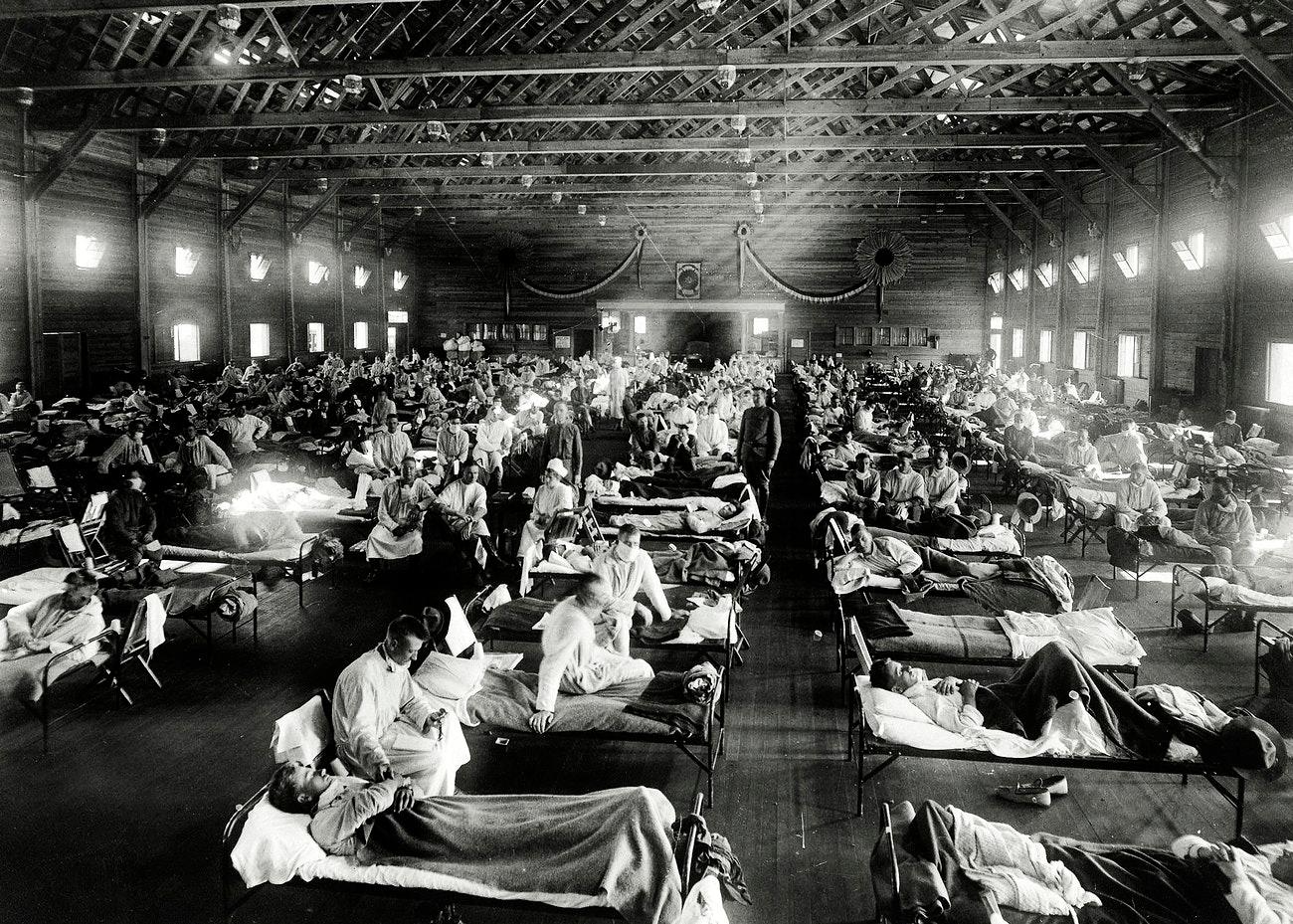 Emergency hospital during influenza epidemic, Camp Funston, Kansas (1918). Original image from National Museum of Health and Medicine. 