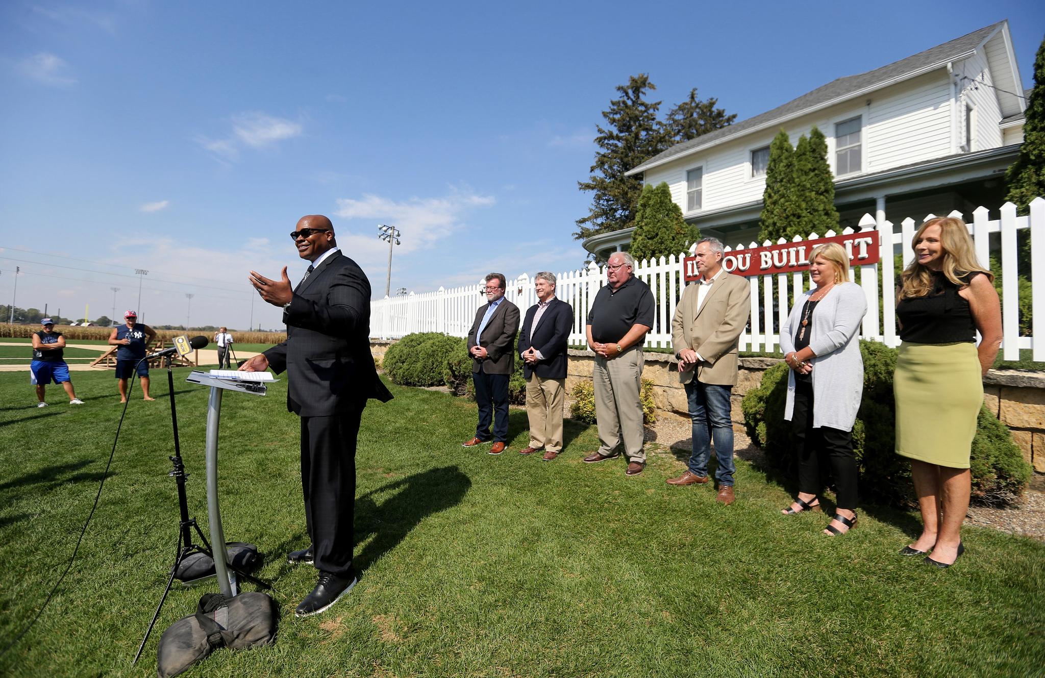 Hall of Famer Frank Thomas during a press conference at the Field of Dreams