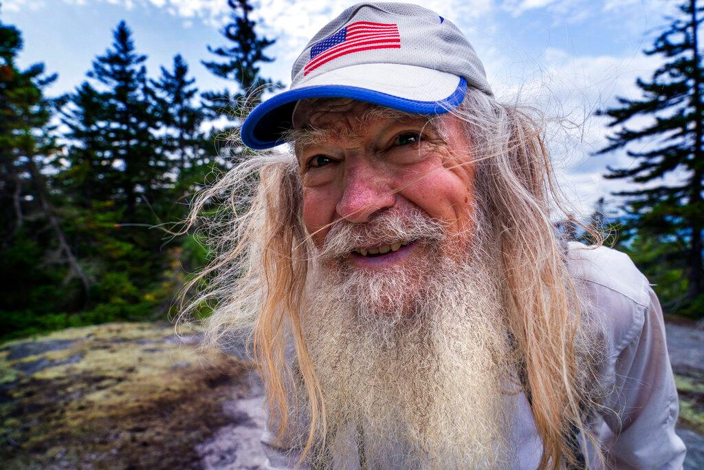 M.J. Eberhart, 83, arrives on the summit of Mount Hayes on the Appalachian Trail
