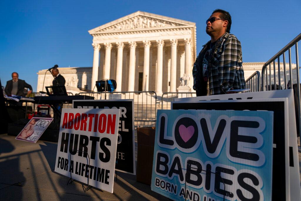 People gather at a pro-life rally outside of the Supreme Court