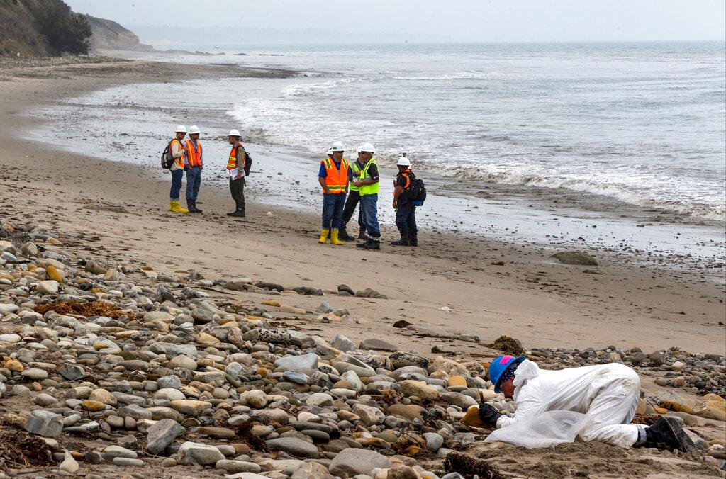 Shoreline Cleanup Assessment Technique team members, left, evaluate oil coverage as a hand crew worker scraps areas affected by an oil spill at Refugio State Beach, north of Goleta, Calif., on Wednesday, June 10, 2015. A proposal to replace a pipeline near Santa Barbara that was shut down in 2015 after causing California's worst coastal oil spill in 25 years is inching through a government review, even as the state moves toward banning gas-powered vehicles and oil drilling.