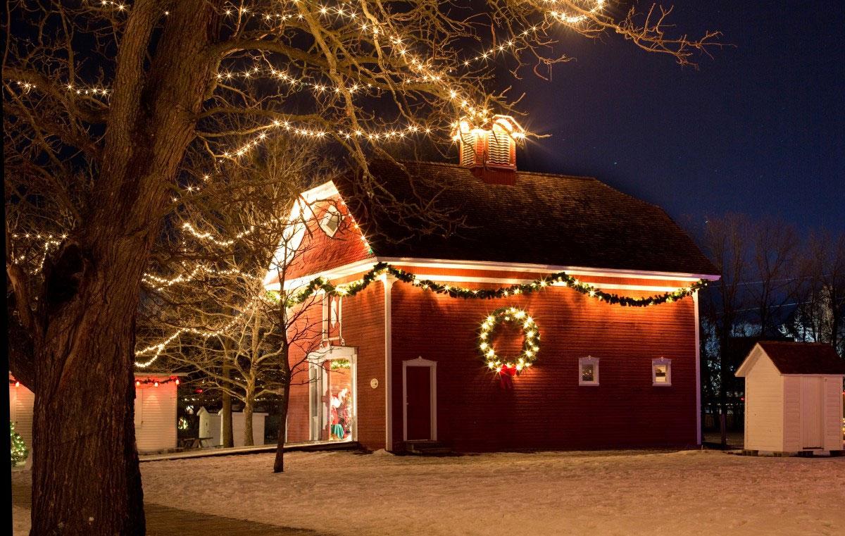 Christmas lights on barn