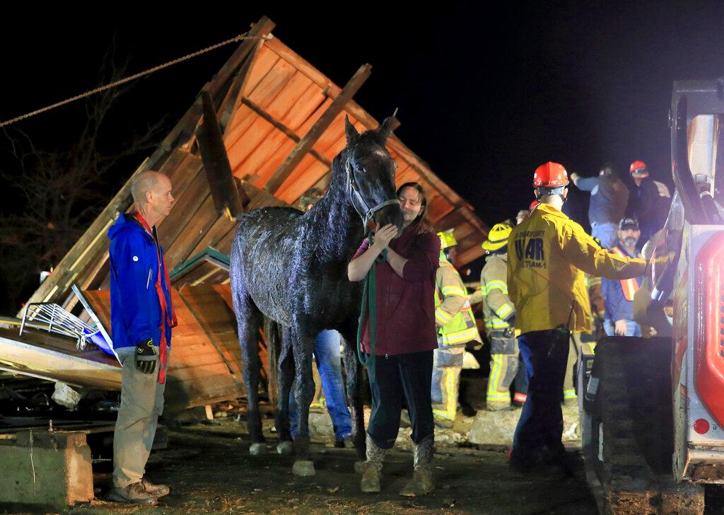 Stephanie Muehling comforts a horse that was rescued from inside a collapsed barn after a tornado ripped through the area along Highway F in St. Charles County, Mo.