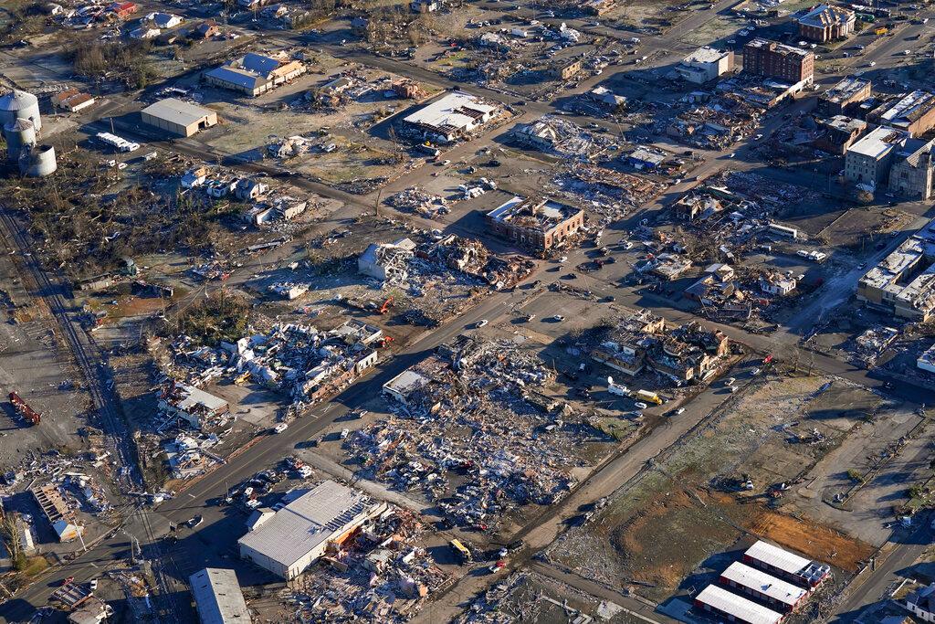 Collapsed factory and surrounding areas in Mayfield, Ky.