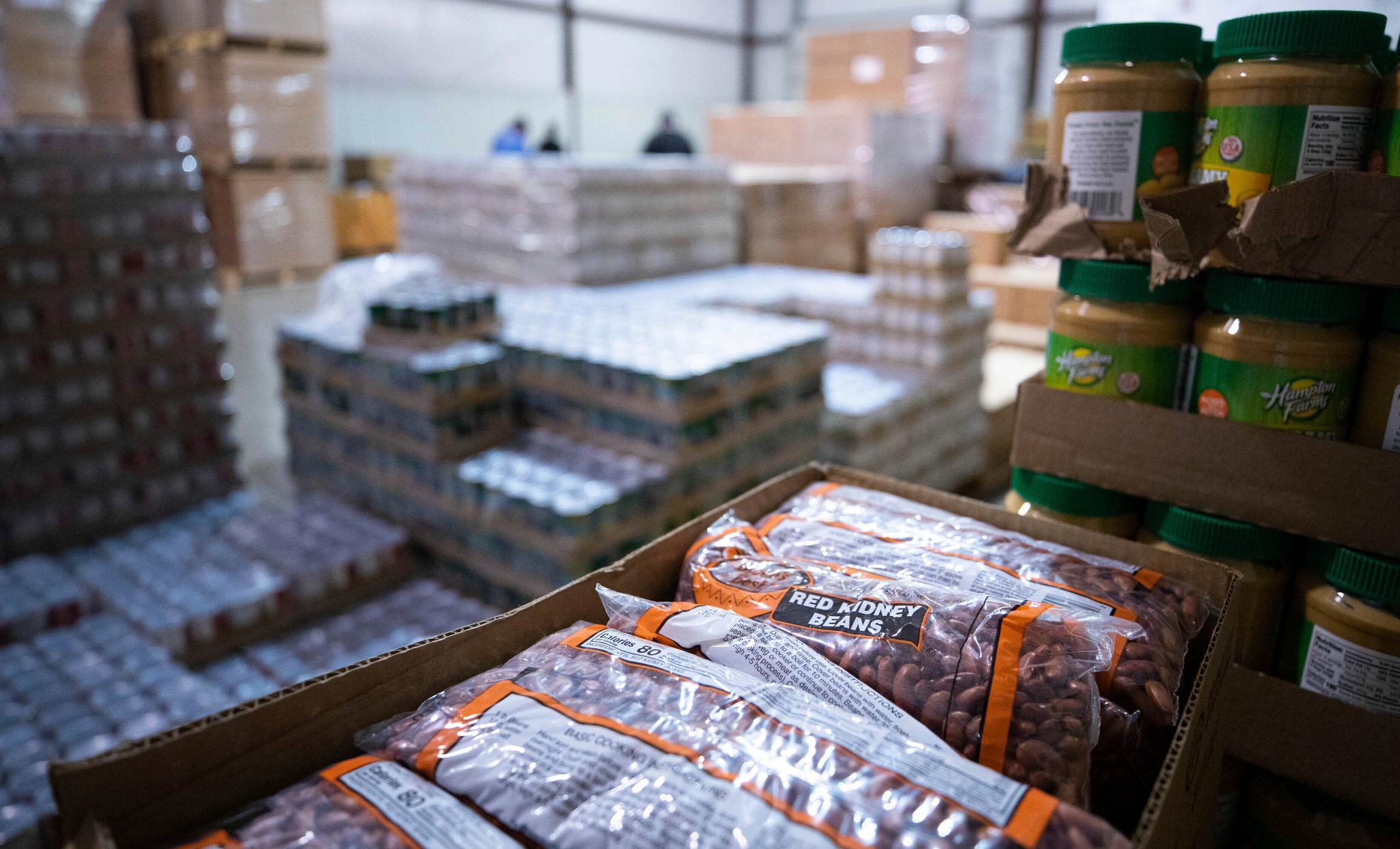 Food items wait to be packaged and distributed
