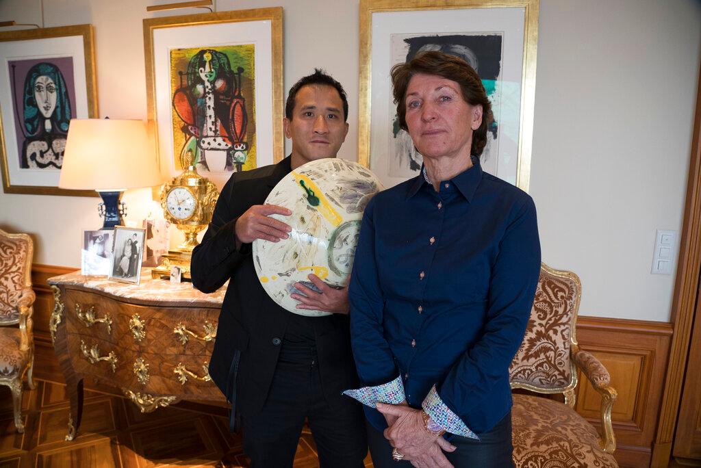 Marina Picasso, right, granddaughter of artist Pablo Picasso, and her son Florian Picasso
