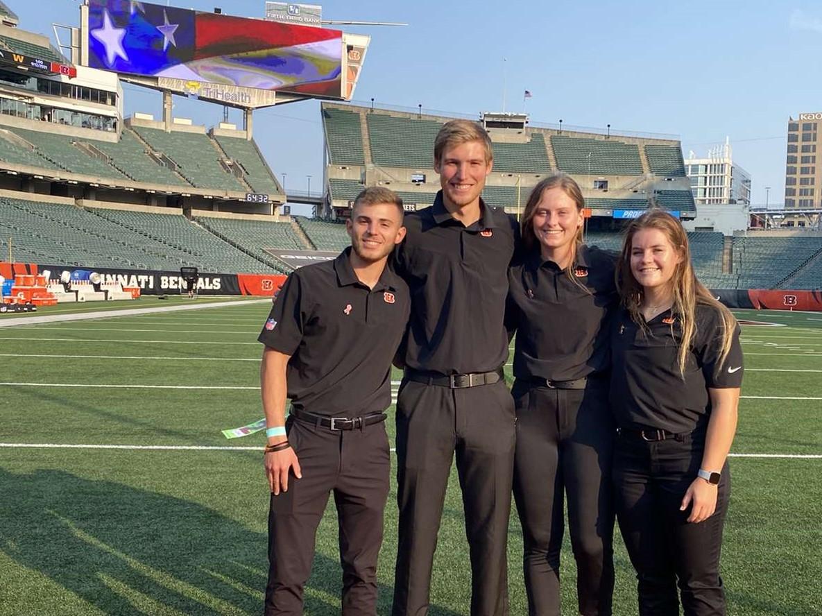 Senior Cedarville University athletic training student Kurtis Gould (second from left) stands with other college athletic training interns for the Bengals. From left, Logan Rooney, Miami University of Ohio, Gould, Grace McDowell, Northern Kentucky University, and Maryn Herring, Wilmington College. 
