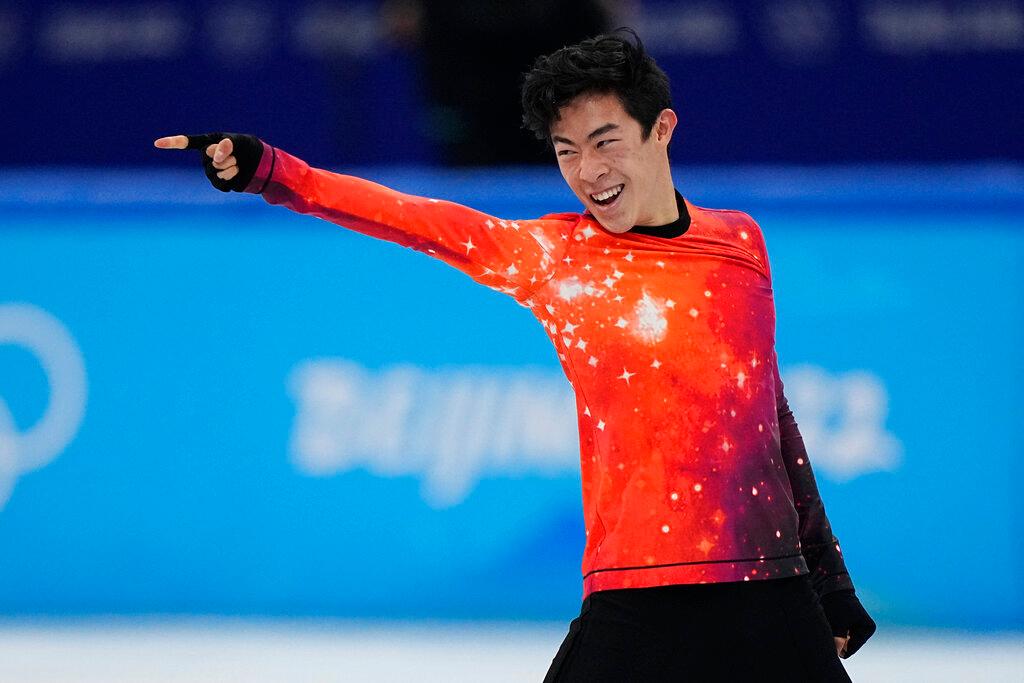Nathan Chen, of the United States, competes in the men's free skate program during the figure skating event at the 2022 Winter Olympics, Thursday, Feb. 10, 2022, in Beijing.