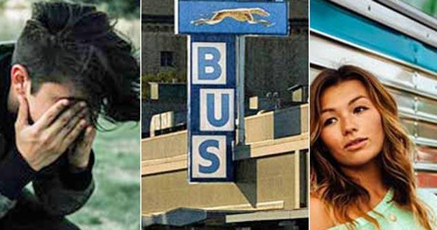 Boy face in hands-Greyhound Bus station-Girl leaning against bus