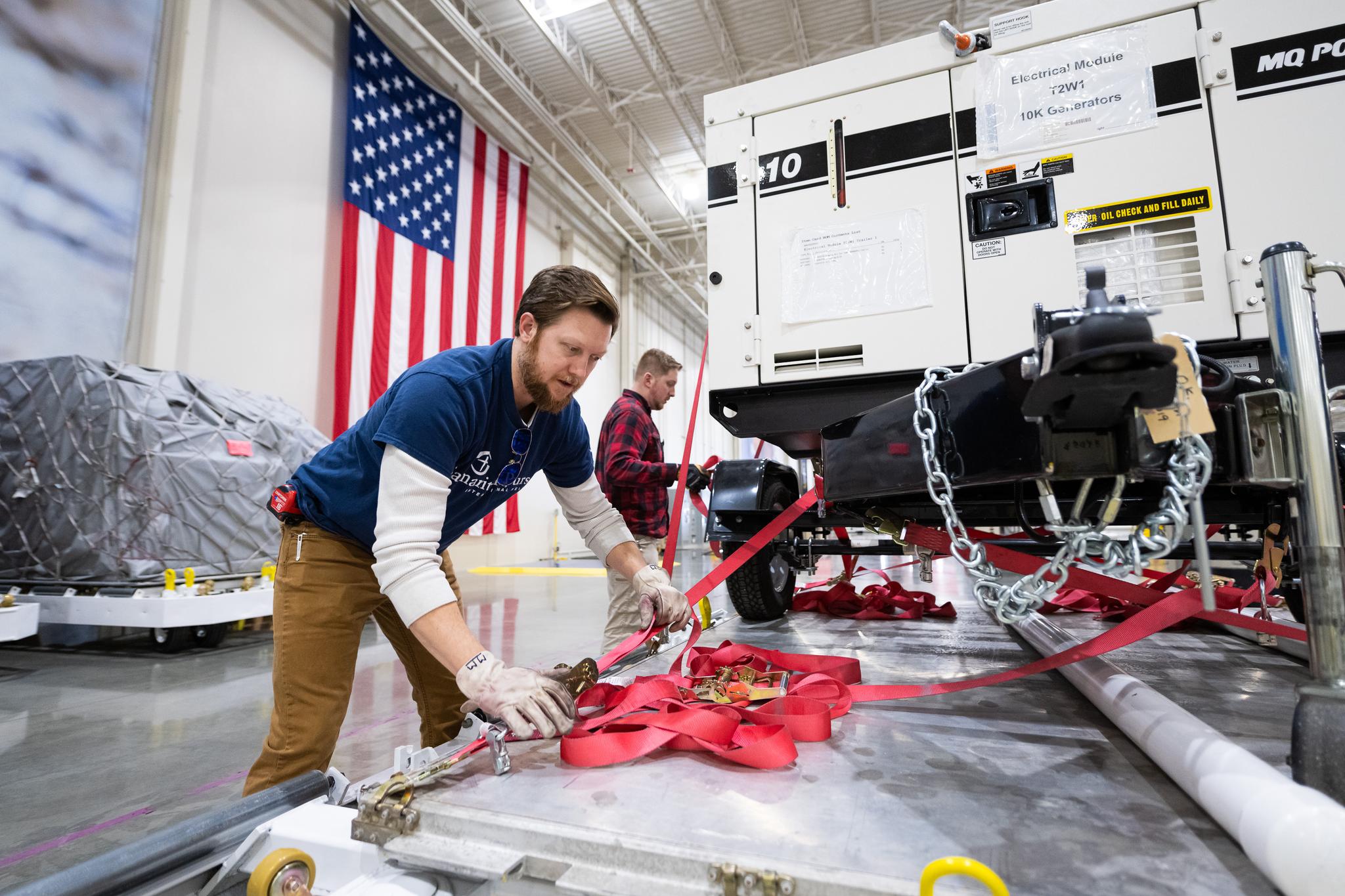 Samaritan's Purse team members prepare to airlift an Emergency Field Hospital on its DC-8 aircraft to meet critical medical needs of Ukrainian families.