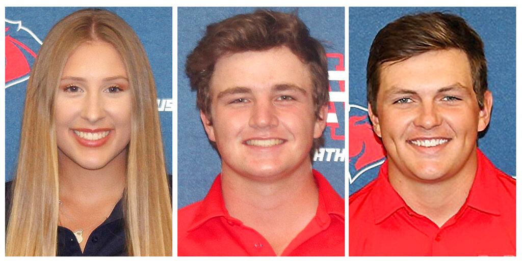 This combo of undated photos provided by the University of the Southwest, shows from left, golfers Laci Stone, Hayden Underhill, and Jackson Zinn. Stone and Zinn were killed, and Underhill was critically injured