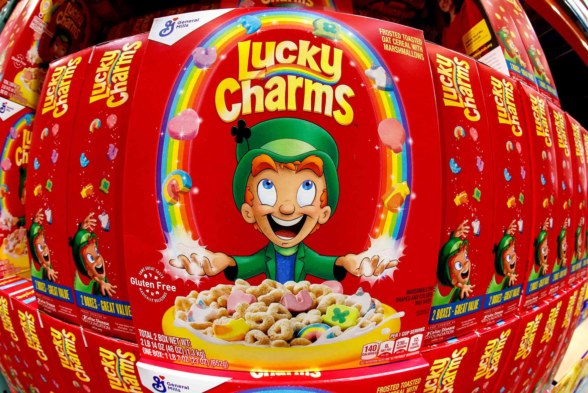 Boxes of General Mills' Lucky Charms cereal are seen on a shelf at a Costco Warehouse in Robinson Township, Pa., Thursday, May 14, 2020.