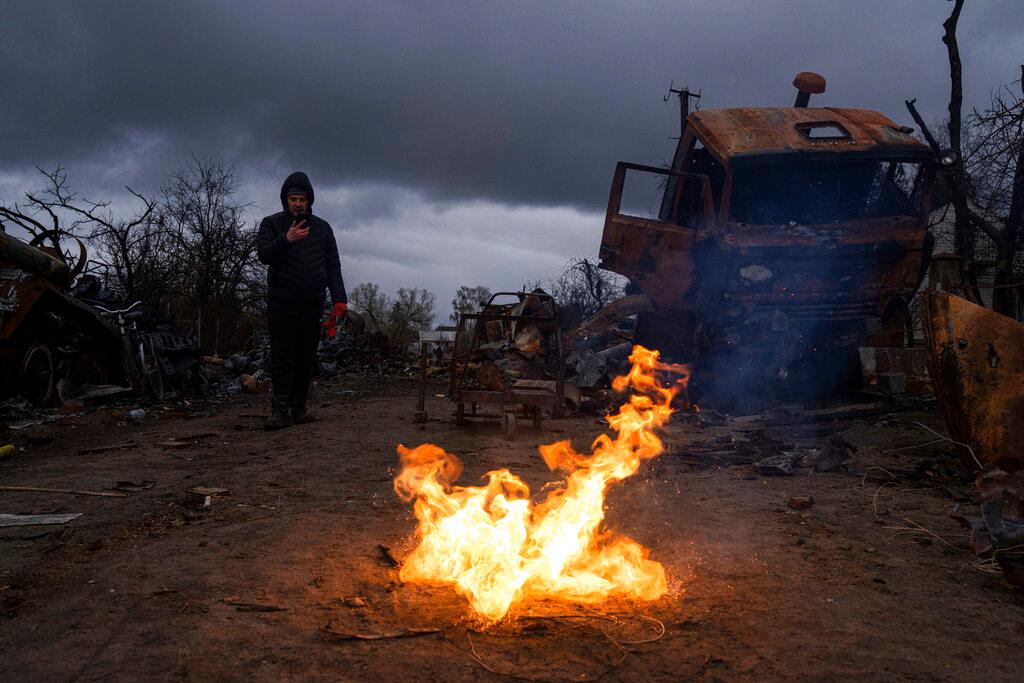 Burning propellant in a street near destroyed Russian military vehicles near Chernihiv, Ukraine 