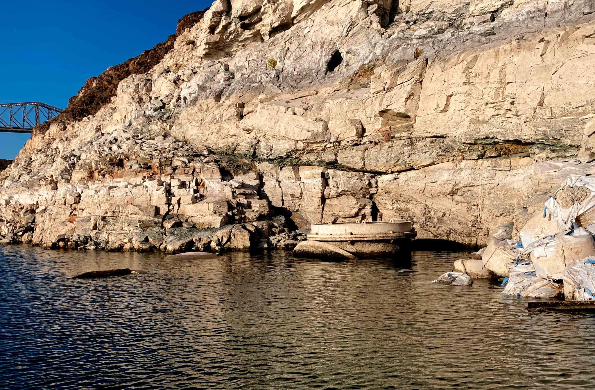 This photo taken Monday, April 25, 2022, by the Southern Nevada Water Authority shows the top of Lake Mead drinking water Intake No. 1 above the surface level of the Colorado River reservoir behind Hoover Dam.