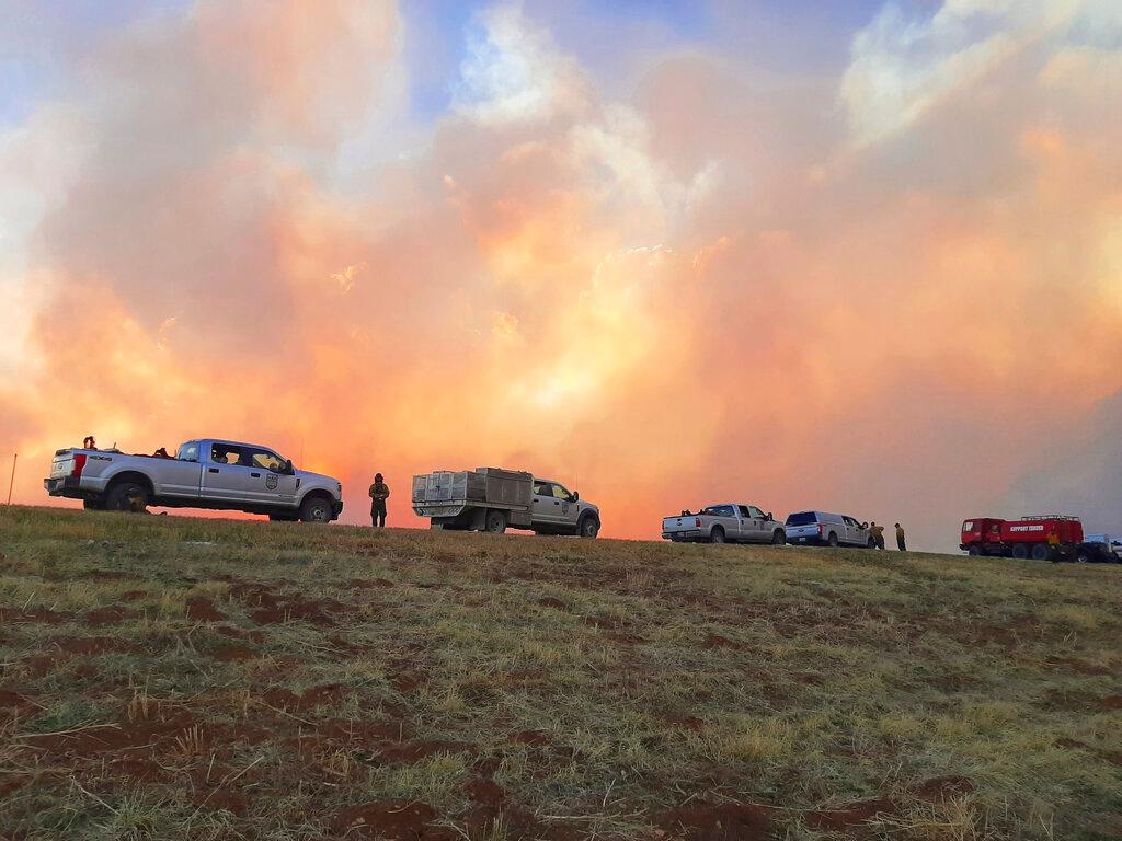 Plumes of smoke from wildfires are seen from a New Mexico highway
