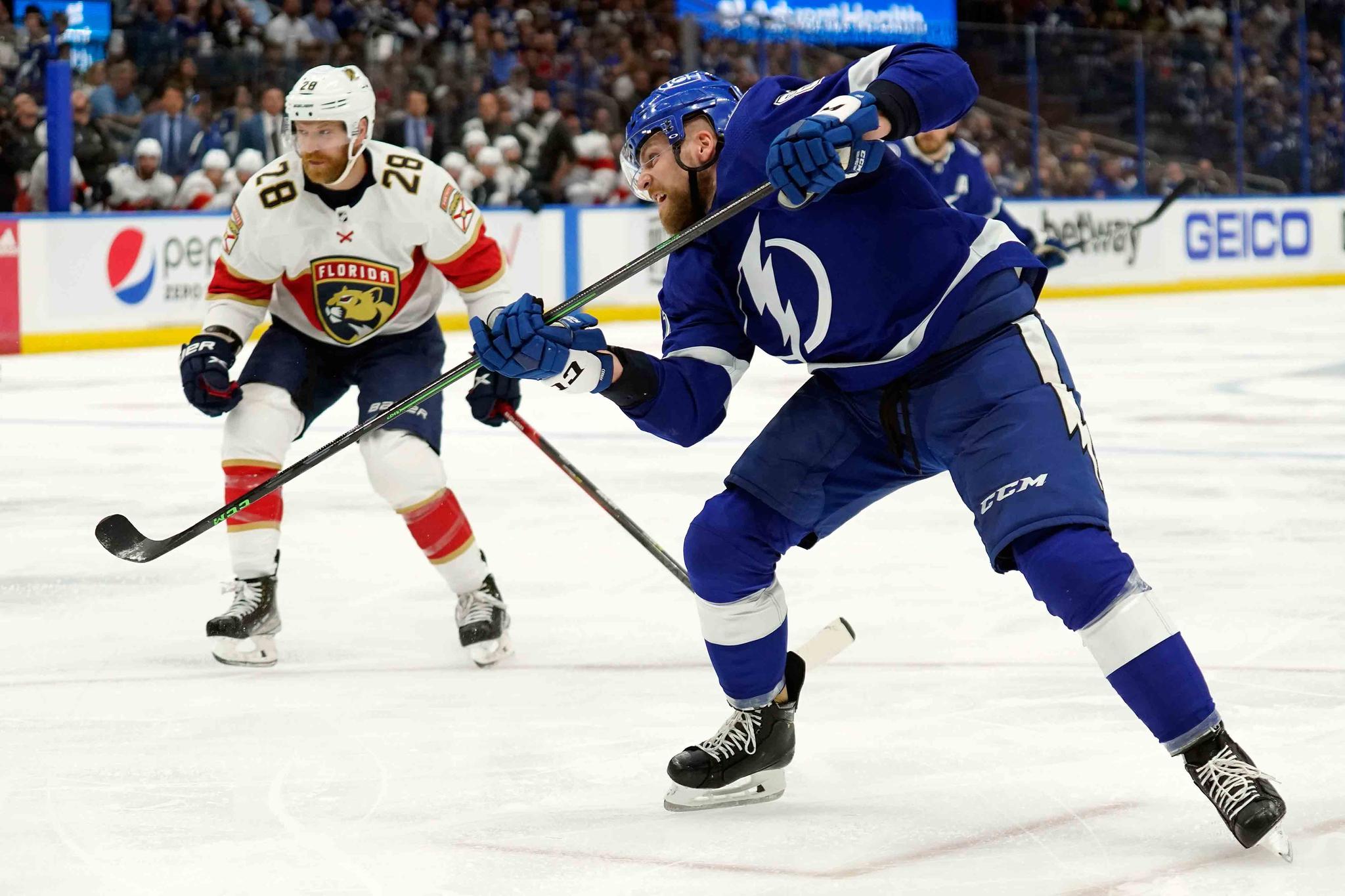 Tampa Bay Lightning defenseman Erik Cernak (81) watches his shot get past Florida Panthers goaltender Sergei Bobrovsky for a goal during the second period in Game 3 of an NHL hockey second-round playoff series Sunday, May 22, 2022, in Tampa, Fla.