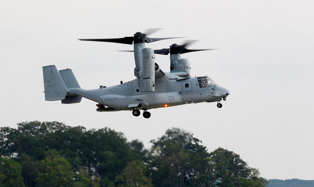 A MV-22B Osprey tiltrotor aircraft flies at Marine Corps Air Facility at Marine Corps Base in Quantico, Va., on on Aug. 3, 2012. Officials say a Marine Corps MV-22B Osprey carrying five Marines crashed in the Southern California desert, Wednesday afternoon, June 8, 2022, during training in a remote area near the community of Glamis in Imperial County. Military officials have yet to release official word on the fate of the five Marines.