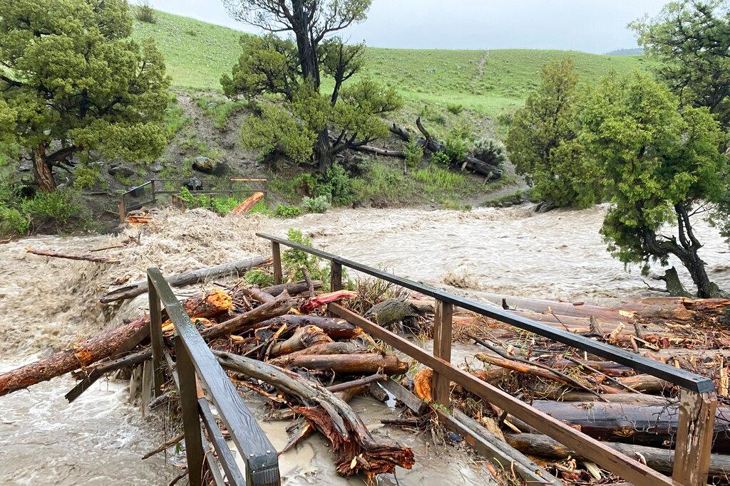 A washed out bridge from flooding at Rescue Creek in Yellowstone National Park, Mont.