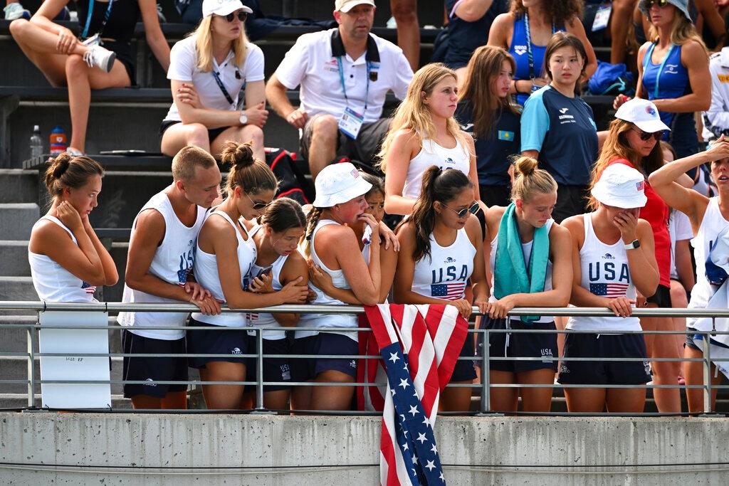 Fans and teammates react after Anita Alvarez of United States collapsed during the solo free final of the artistic swimming at the 19th FINA World Championships in Budapest, Hungary