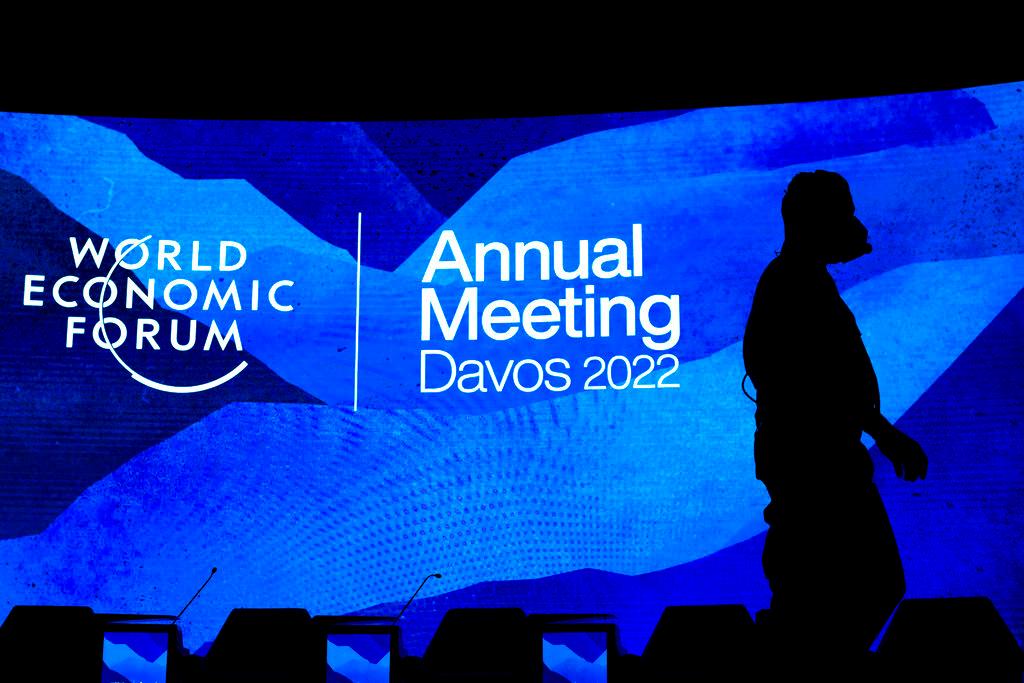 Workers set the stage prior to the annual meeting of the World Economic Forum, in Davos, Switzerland