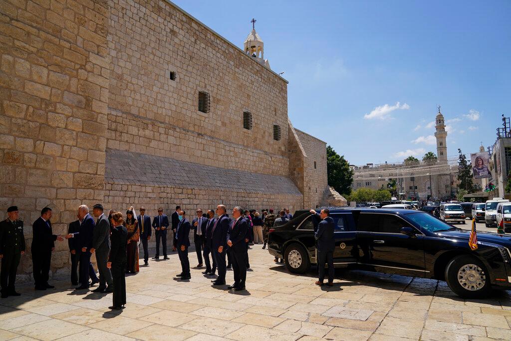 President Joe Biden arrives for a visit at the Church of the Nativity, traditionally believed to be the birthplace of Jesus Christ, at the West Bank town of Bethlehem