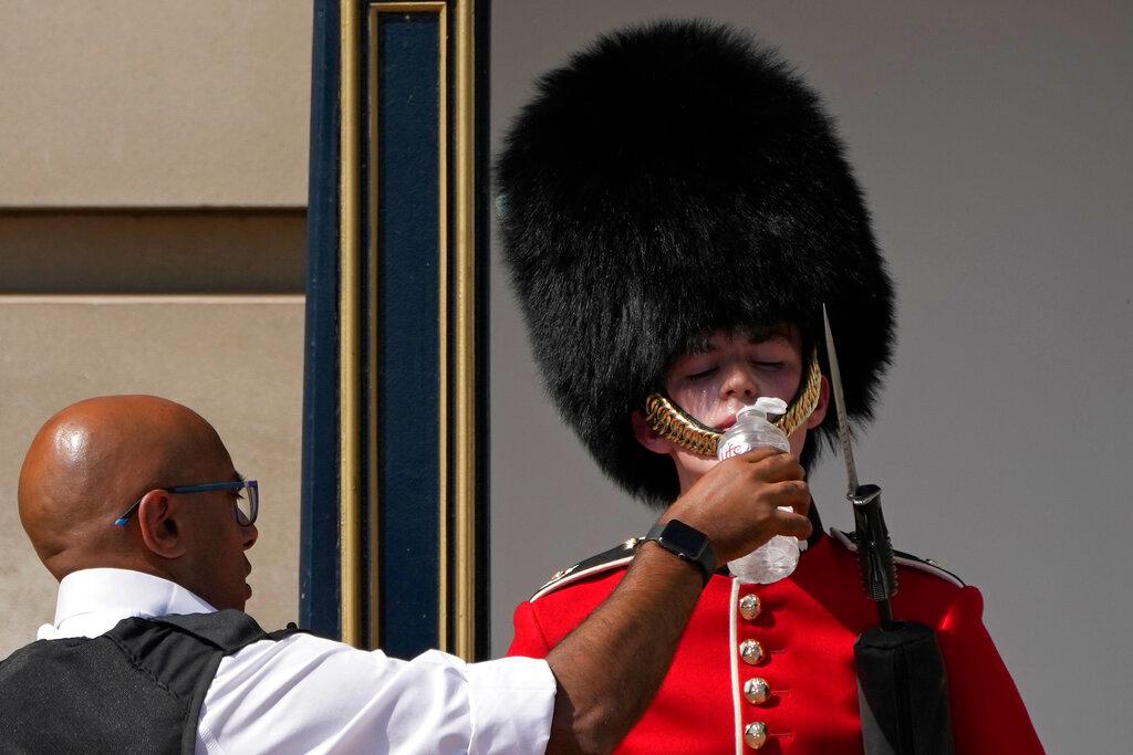 A police officer givers water to a British soldier wearing a traditional bearskin hat, on guard duty outside Buckingham Palace