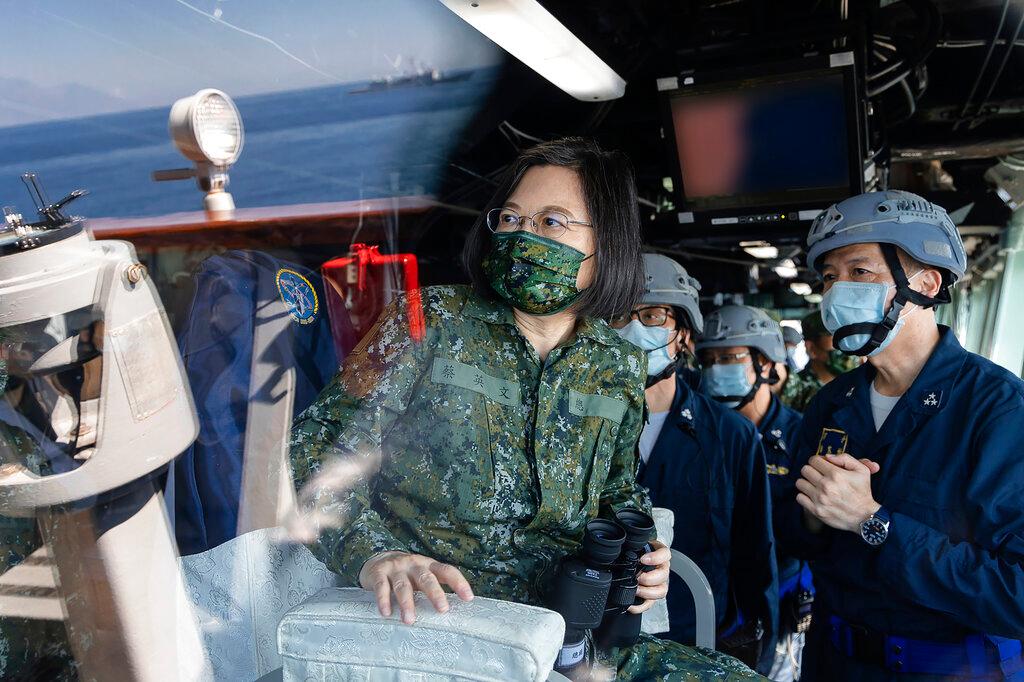 Taiwan's President Tsai Ing-wen is seen through glass onboard a navy ship during inspection of Taiwan's annual Han Kuang exercises