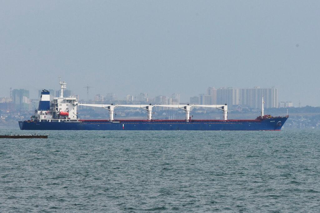 The bulk carrier Razoni starts its way from the port in Odesa, Ukraine