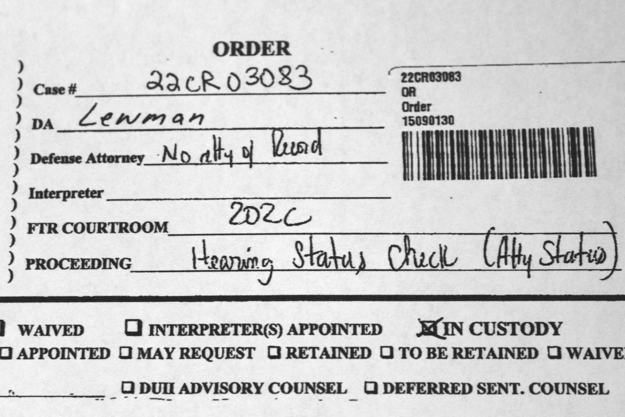 Courtroom notes showing that a Washington County, Oregon, judge threatened to hold Oregon Public Defense Services in contempt of court for not providing a public defender to a criminal defendant are seen in this May 4, 2022, photo.
