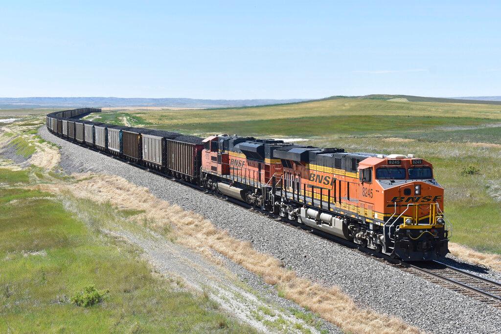 A BNSF railroad train hauling carloads of coal from the Powder River Basin of Montana and Wyoming