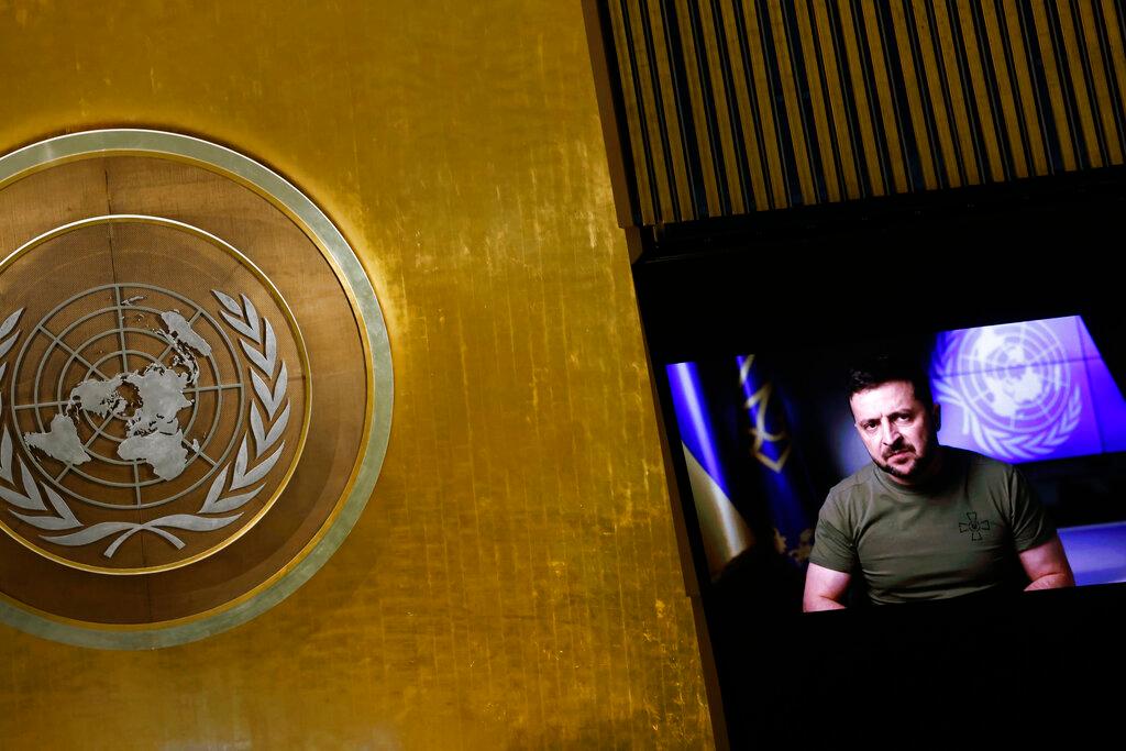 Ukrainian President Volodymyr Zelenskyy speaks addresses United Nations