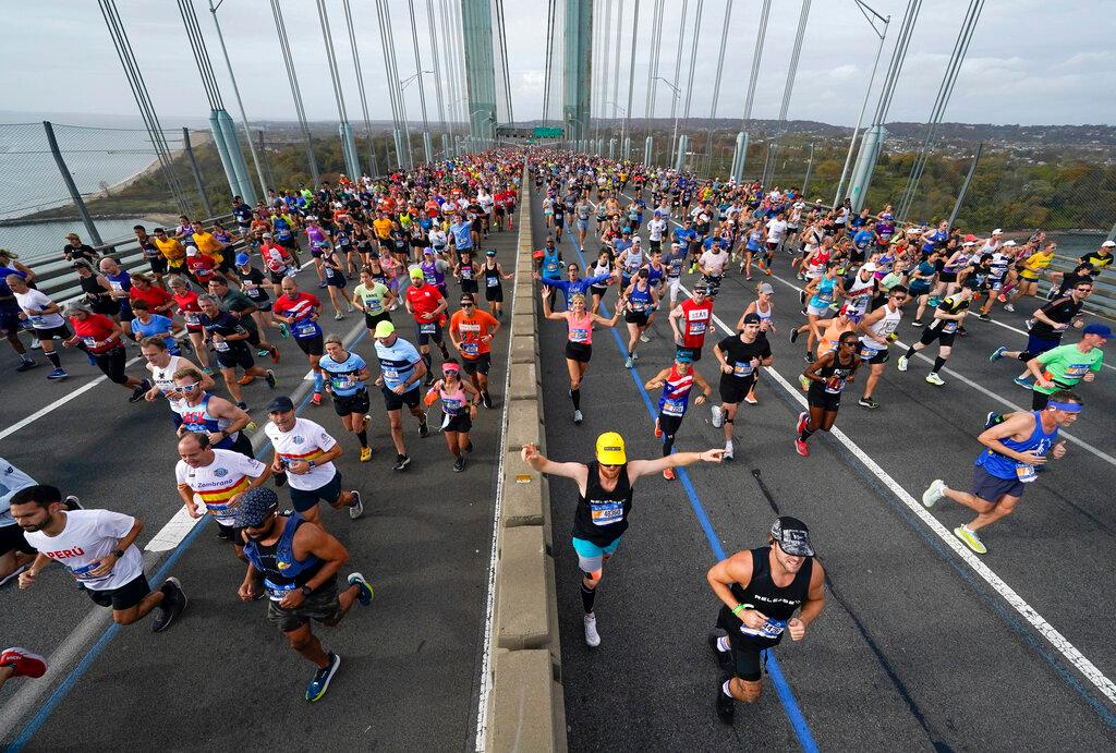 Runners cross the Verrazzano-Narrows Bridge at the start of the New York City Marathon