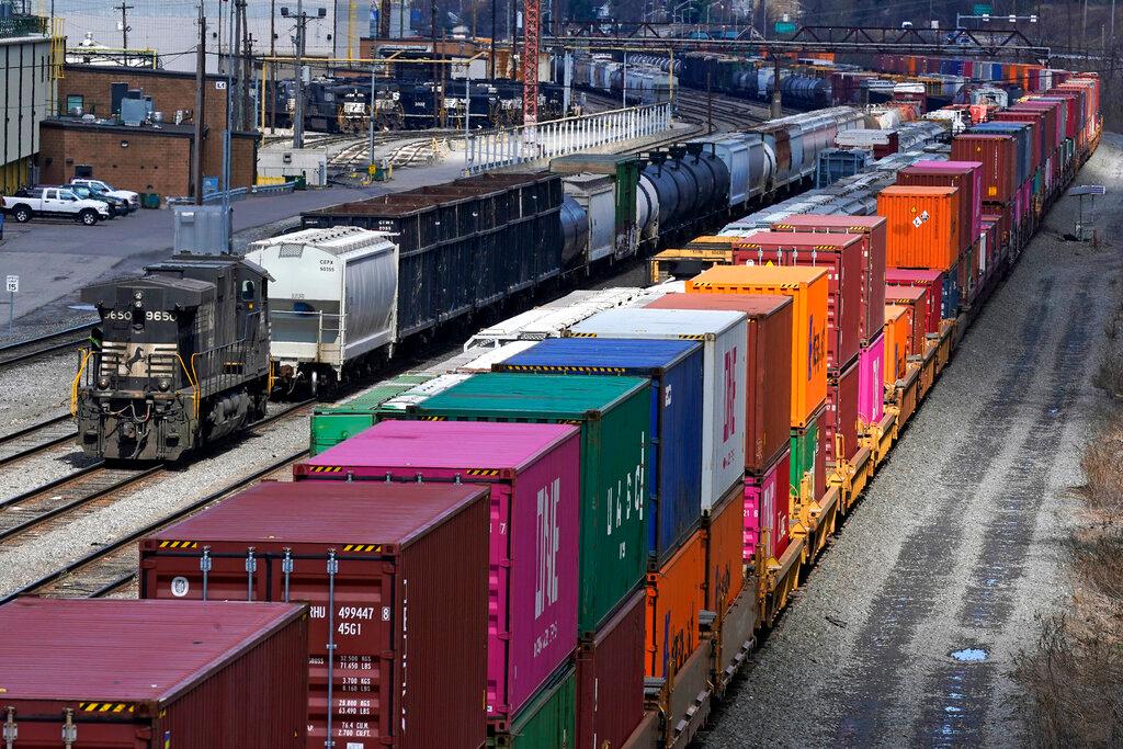 Freight train cars and containers at Norfolk Southern Railroad's Conway Yard in Conway, Pa. 