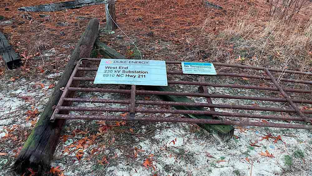 This photos shows the gate to the Duke Energy West End substation in Moore County, N.C. on Sunday, Dec. 4, 2022.
