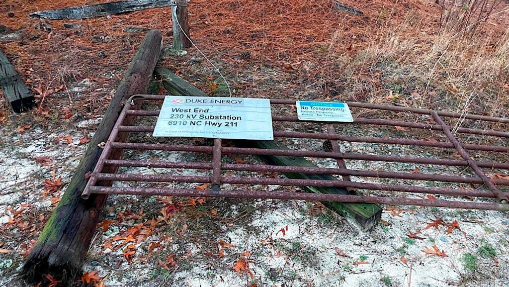 the gate to the Duke Energy West End substation in Moore County, N.C.