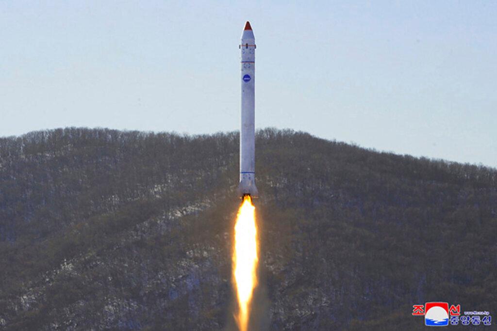 Rockket with test satellite at the Sohae Satellite Launching Ground in North Korea Sunday,