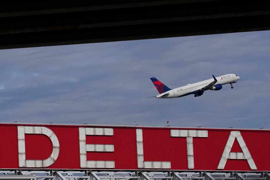 A Delta Air Lines plane takes off. 