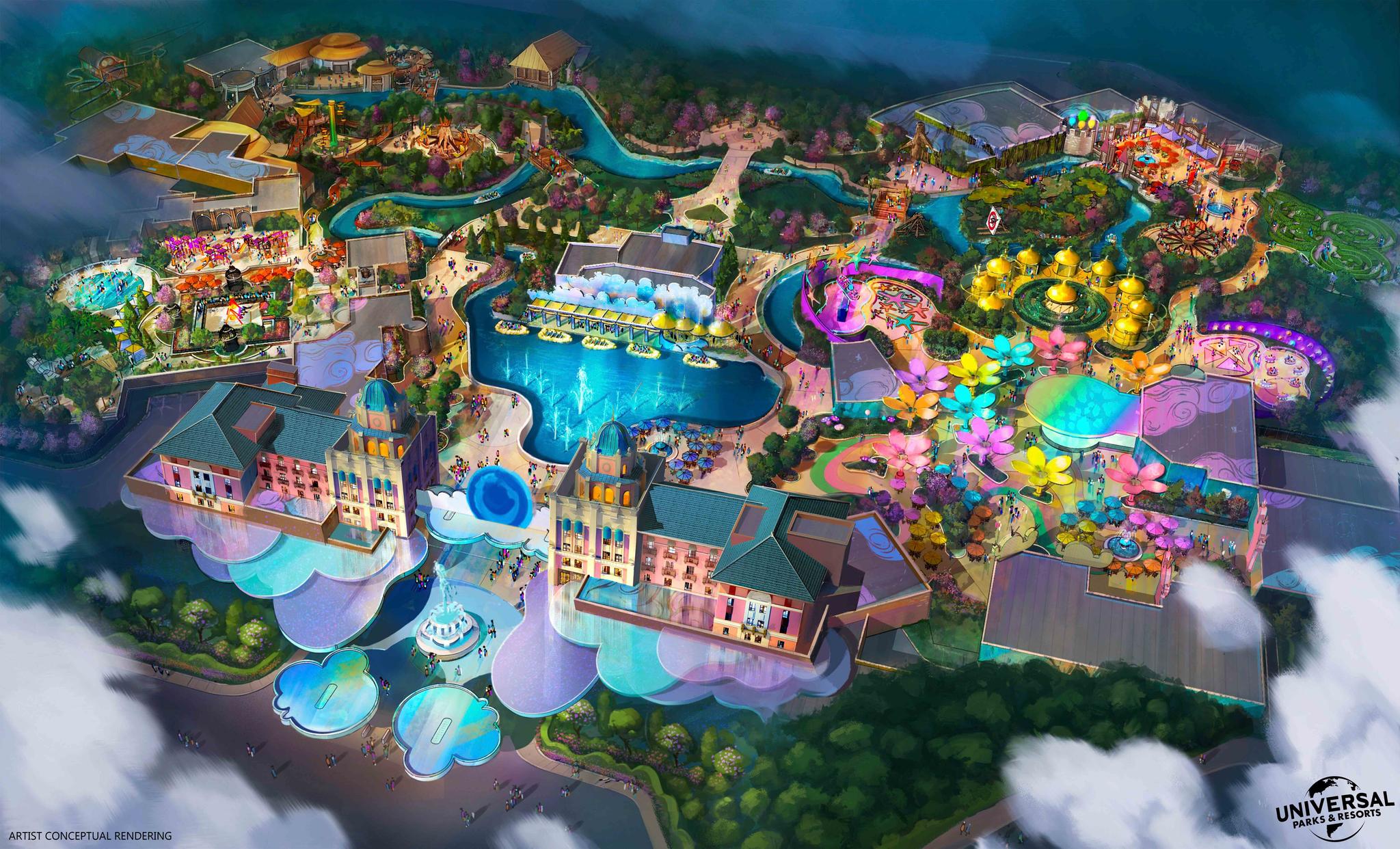 This artist rendering released on Wednesday, Jan. 11, 2023, by Universal Parks & Resorts, shows a mock-up of the planned theme park in the Dallas suburb of Frisco, Texas.