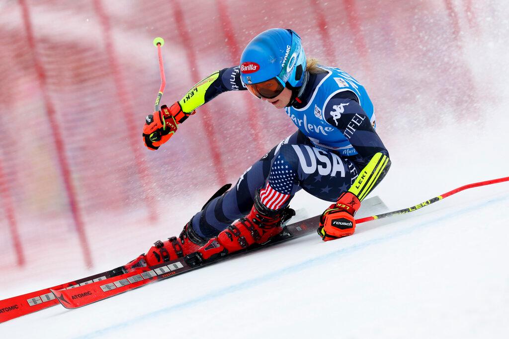 United States' Mikaela Shiffrin speeds down the course during an alpine ski, women's World Cup giant slalom, in Kronplatz, Italy