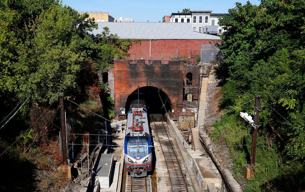 An Amtrak train emerges from the Baltimore and Potomac Tunnel in Baltimore