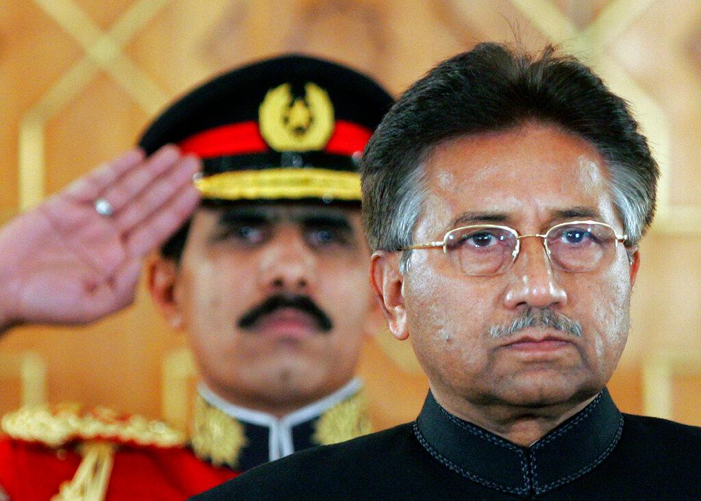 Pakistan's President Pervez Musharraf listens to the national anthem before being sworn in as the country's civilian president at President House in Islamabad, Pakistan on Nov. 29, 2007. An official said Sunday, Feb. 5, 2023, Gen. Pervez Musharraf, Pakistan military ruler who backed US war in Afghanistan after 9/11, has died.