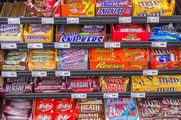 Display of American Candy at supermarket.