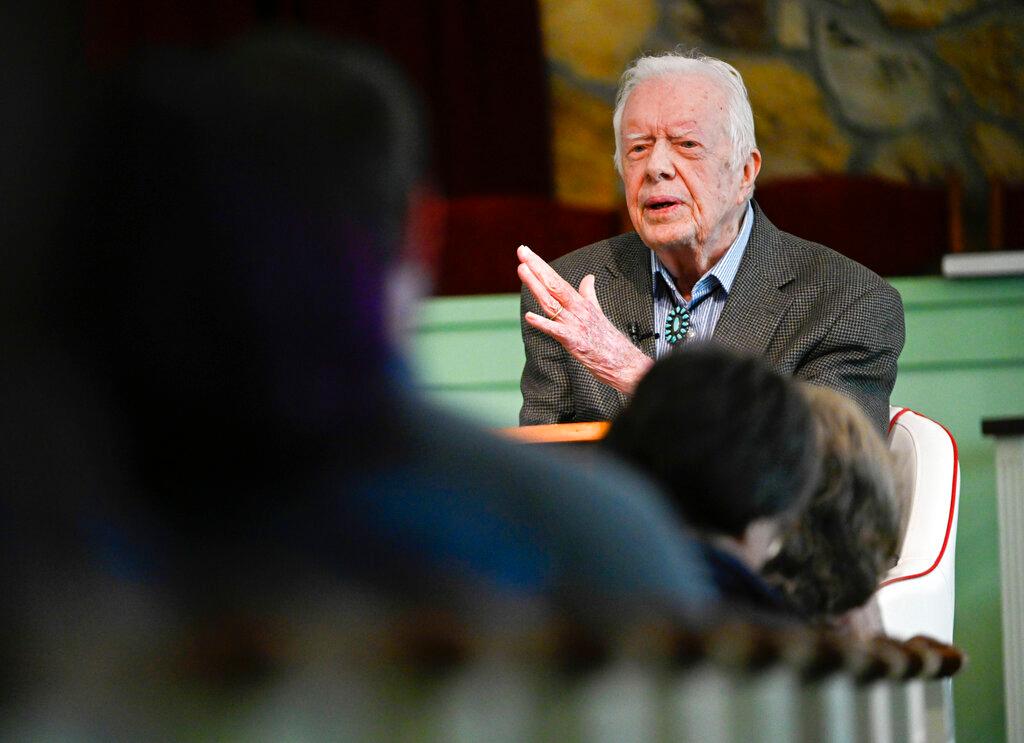  Former President Jimmy Carter teaches Sunday school at Maranatha Baptist Church, in Plains, Ga., Nov. 3, 2019. Well-wishes and fond remembrances for the former president continued to roll in Sunday, Feb. 19, 2023, a day after he entered hospice care at his home in Georgia. 