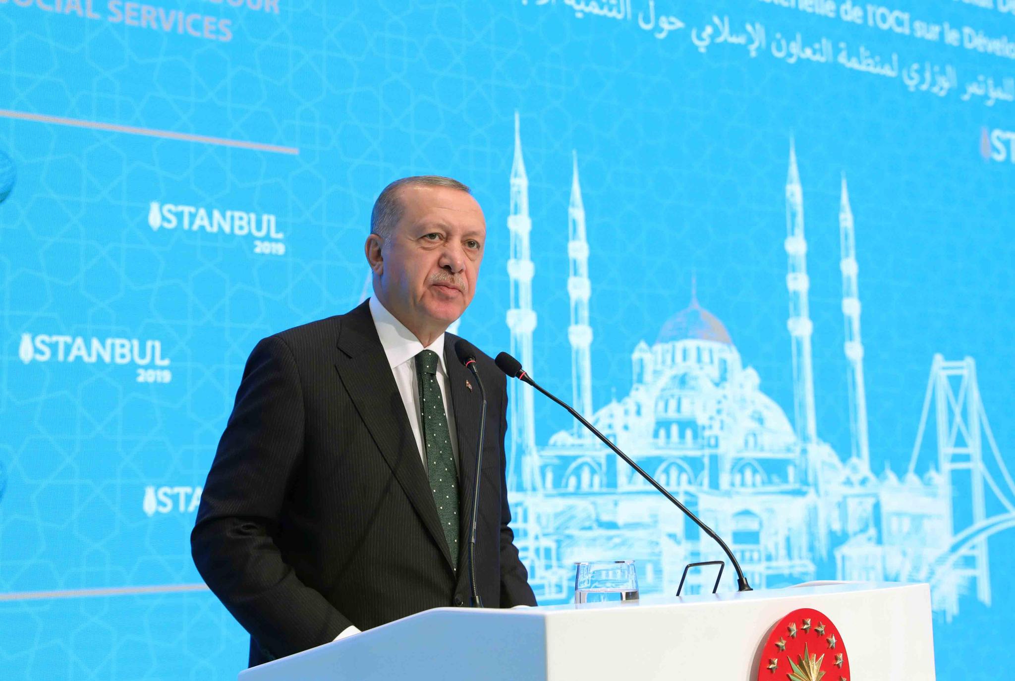 Turkey's President Recep Tayyip Erdogan speaks during a meeting of the Organization of Islamic Cooperation (OIC)