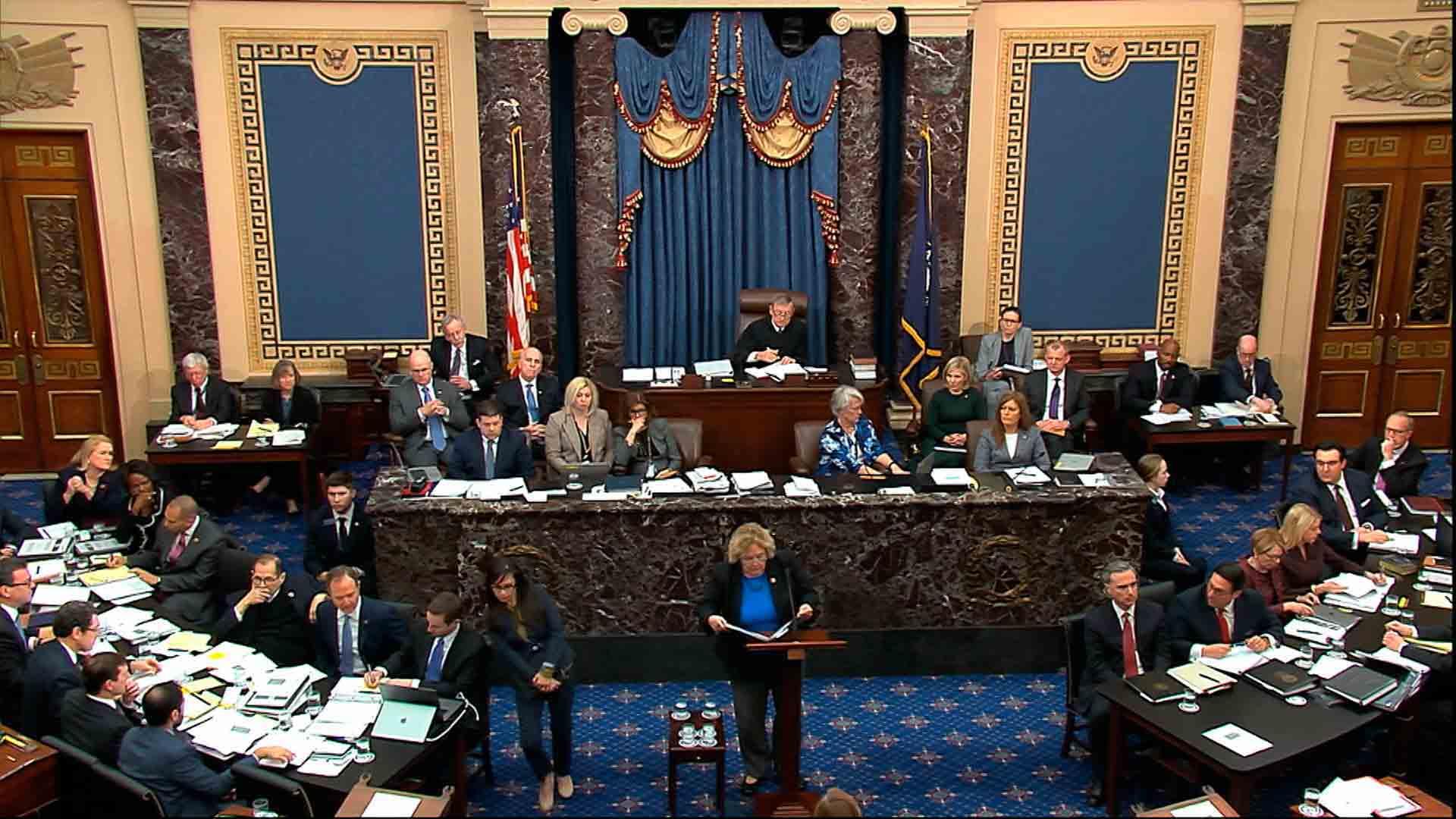 In this image from video, impeachment manager Rep. Zoe Lofgren, D-Calif., speaks in support of an amendment offered by Sen. Chuck Schumer, D-N.Y., during the impeachment trial against President Donald Trump in the Senate at the U.S. Capitol
