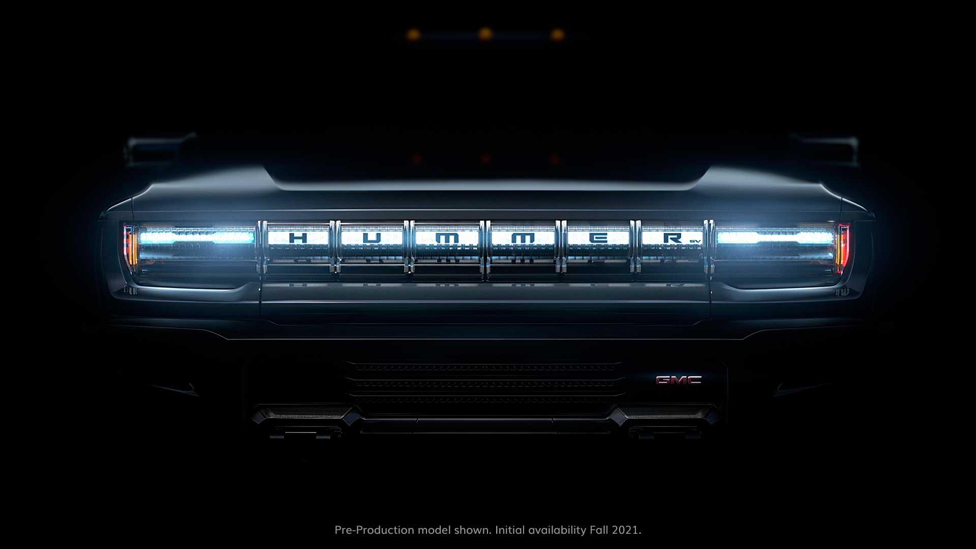 The grill on a battery-powered Hummer pickup truck