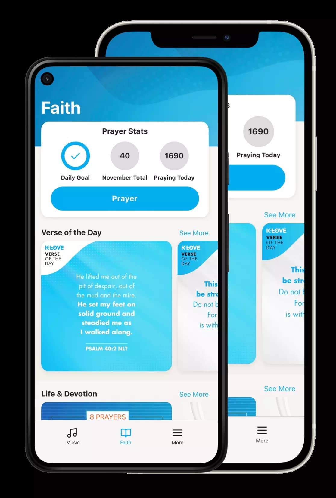 simulated images of the k love app's faith screen