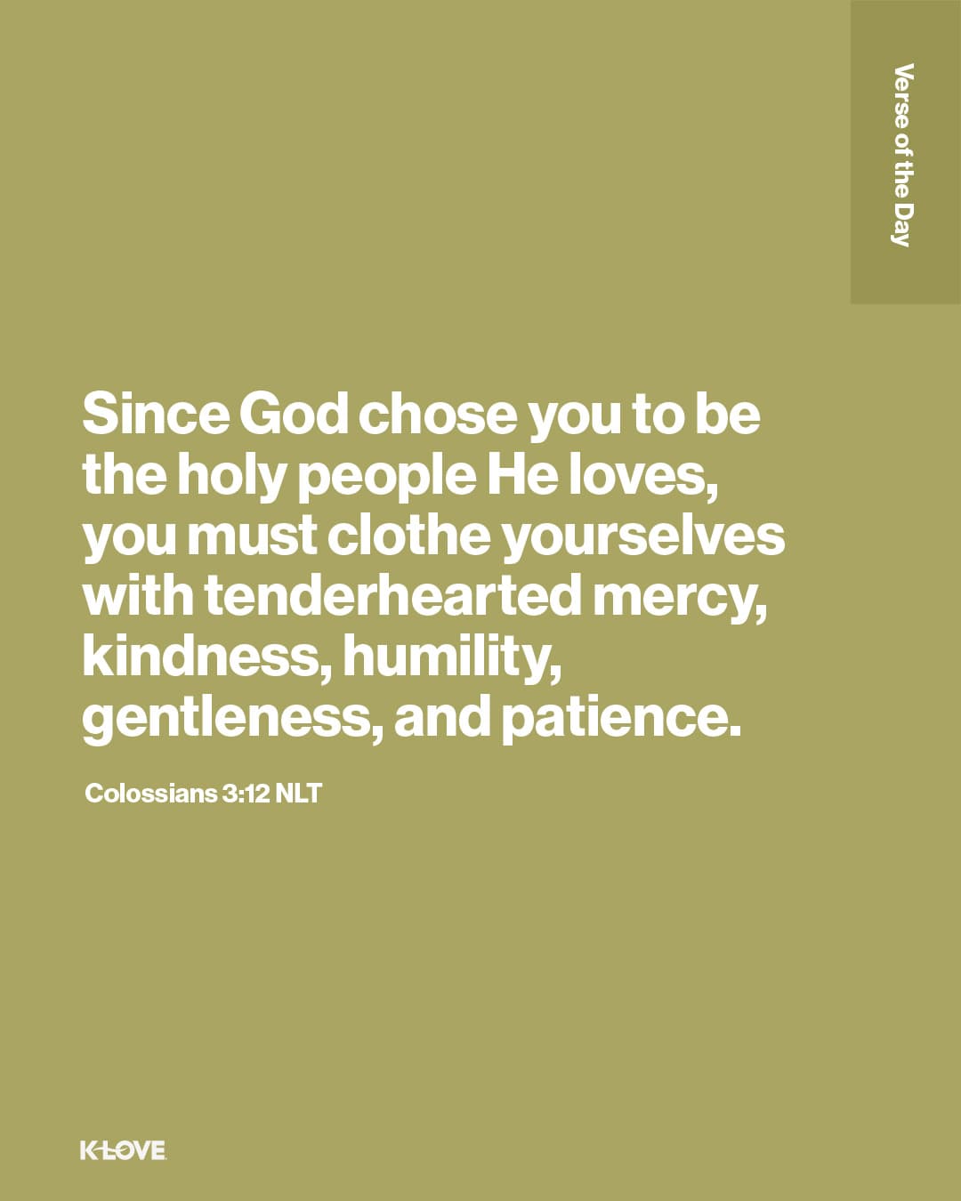 Since God chose you to be the holy people He loves, you must clothe yourselves with tenderhearted mercy, kindness, humility, gentleness, and patience.