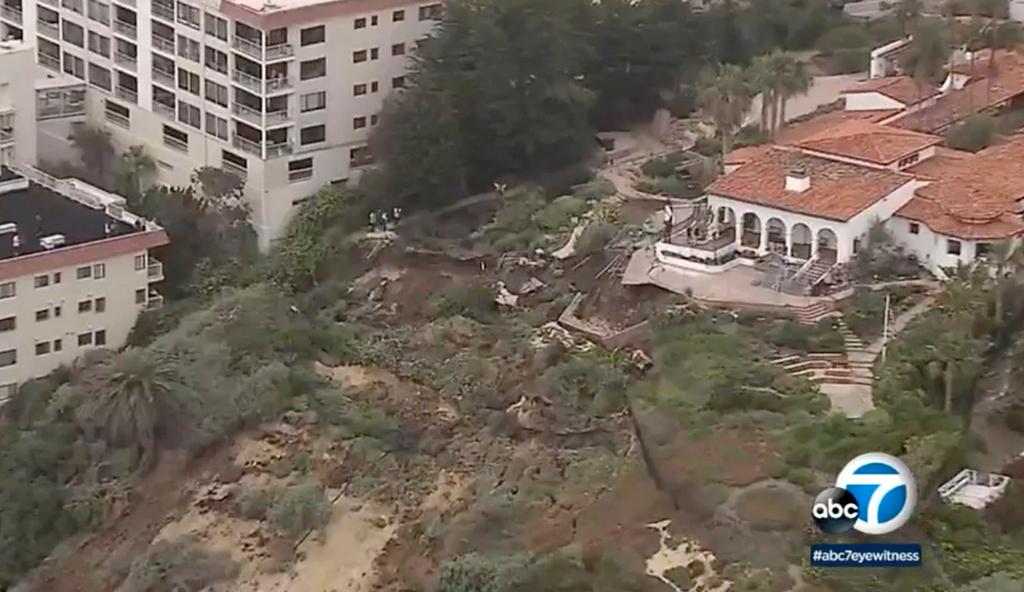 In this image from KABC7 video, is an aerial view of a landslide on the western side of the Casa Romantica and Cultural Center and Gardens in San Clemente, Calif., on Thursday, April 27, 2023.